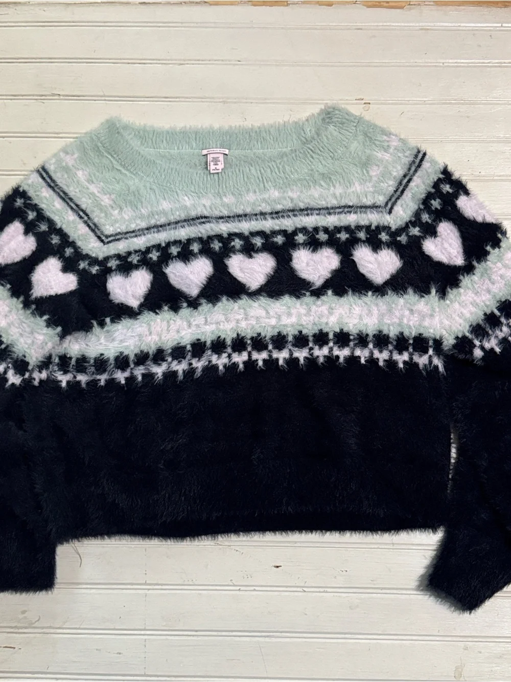 Victorias Secret Sweater Fuzzy Fair Isle Green Heart Womens size medium